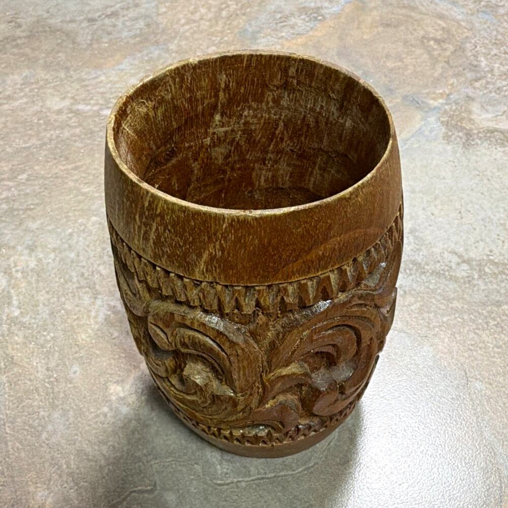 Vintage Hand Carved Wooden Cup Intricate Floral Scroll Relief Design Boho Decor